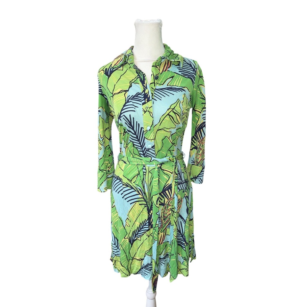 Lilly Pulitzer Silk Shirt Dress Green Blue Tropical Palm Leaf Parrot Print Sz 2